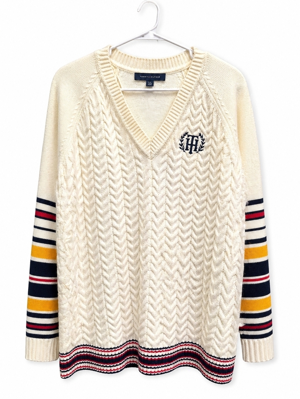 TOMMY HILFIGER Cream Cable-Knit V-Neck Sweater